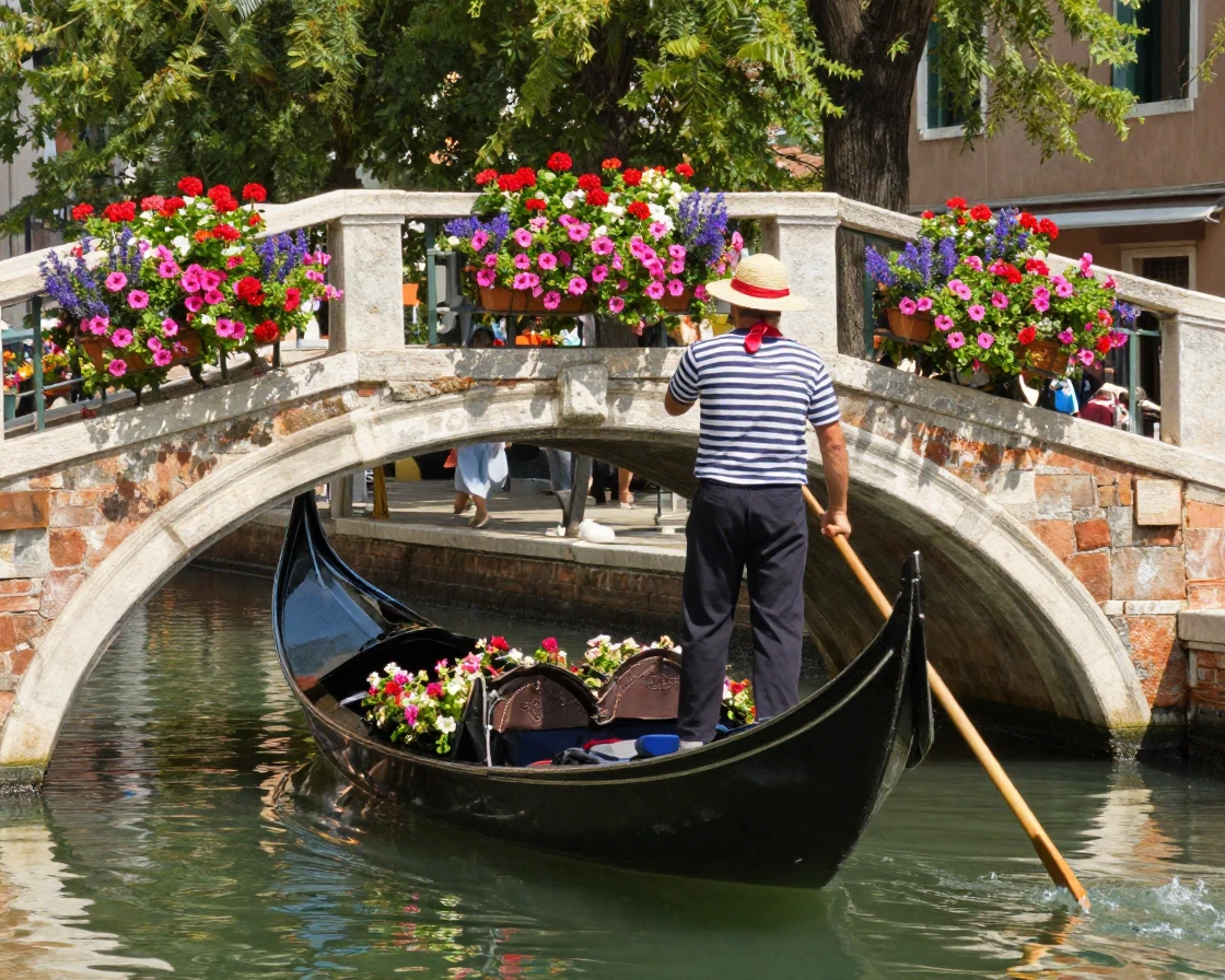 A gondolier steers a narrow boat under a stone bridge lined with flower boxes.