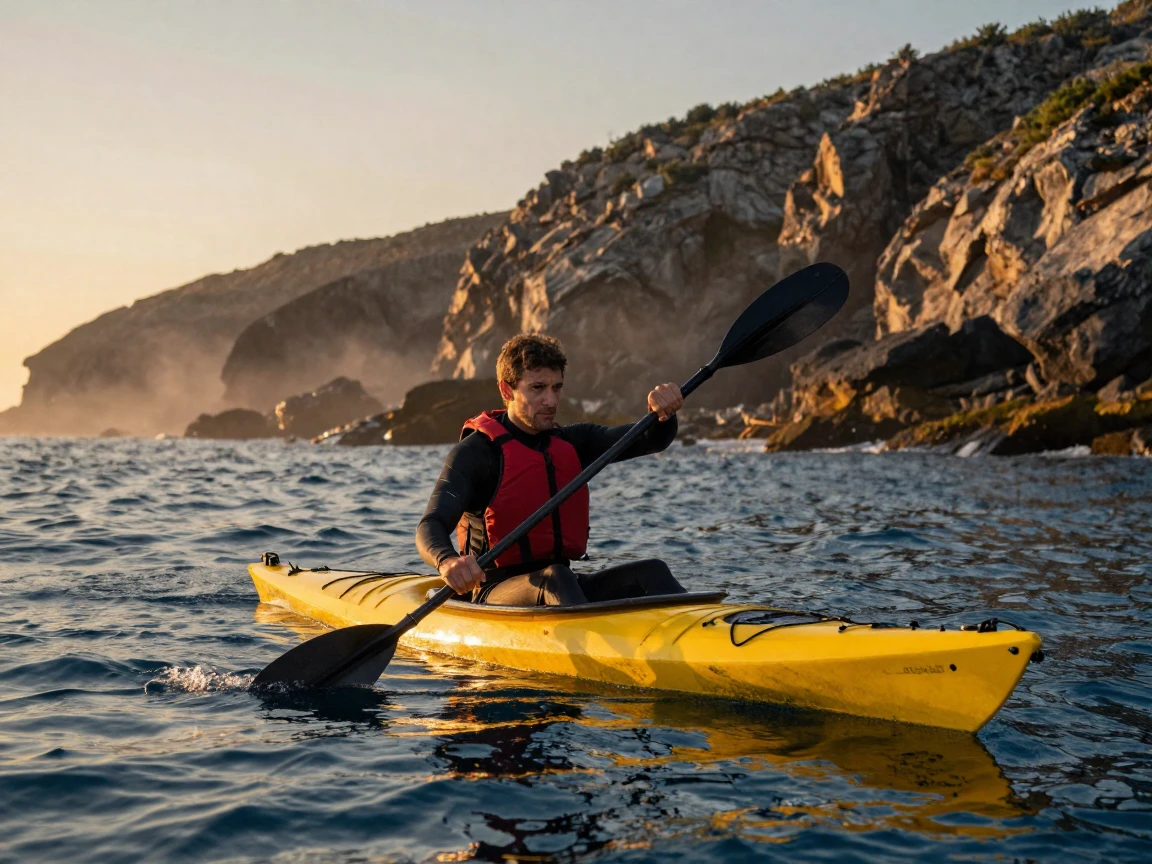 A solo kayaker focused entirely on the moment at hand on an open stretch of coastline