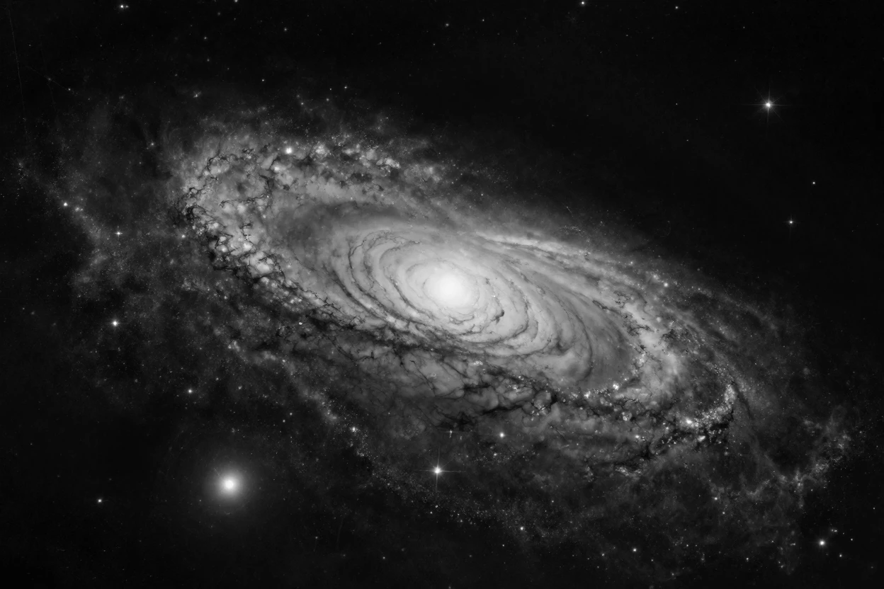 A swirling galaxy spirals slowly through the void far beyond our solar system.