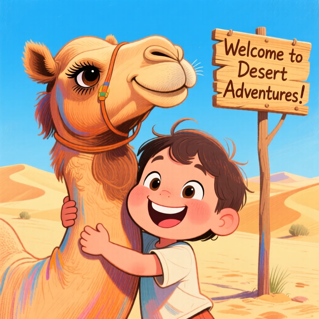 A child hugging a friendly camel at a desert tour stop.