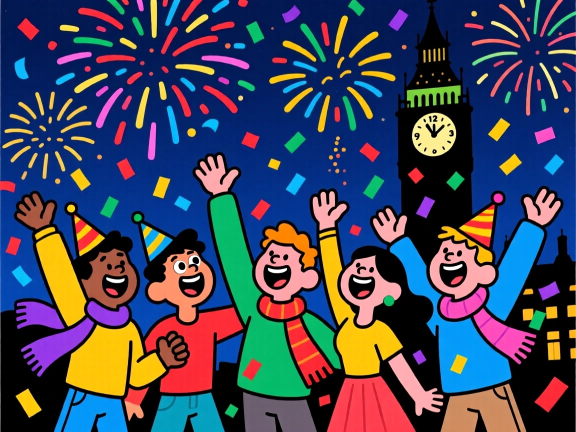 A festive celebration scene of a group of friends throwing confetti in the air at midnight, under a sky full of fireworks.