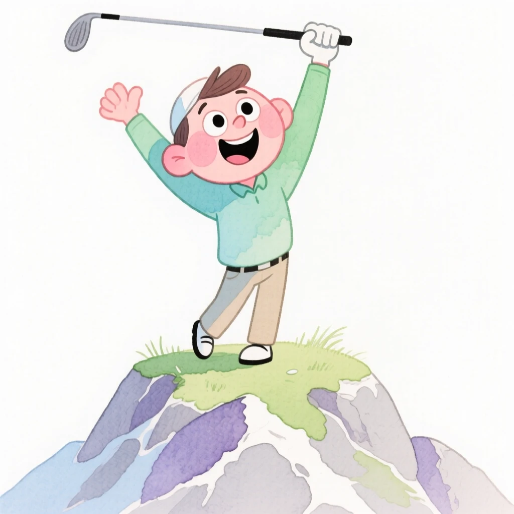 A golfer reaching a mountain summit with arms raised in triumph