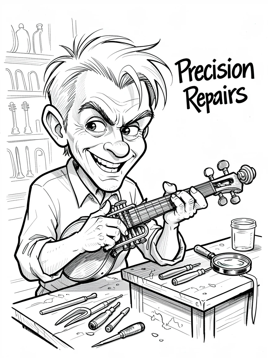 [Occupations & Hobbies] Detailed scene of an enthusiastic instrument repairer perfecting a fine detail, showcasing skill and dedication