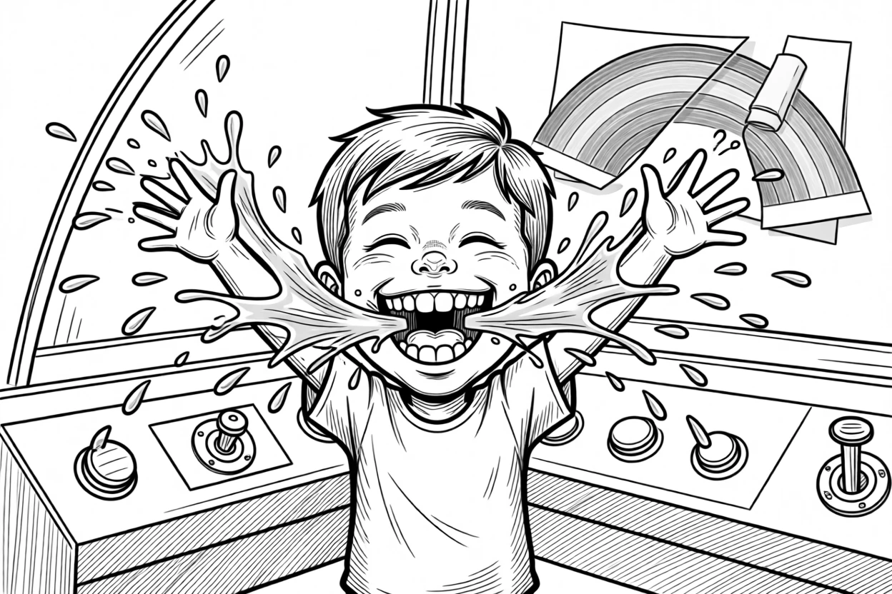 A kid triumphantly missing a tooth with a huge grin, sending water splashing dramatically in every direction, set in a living room turned imaginary rocket ship. A crayon rainbow is taped crookedly to the wall. It's a burst of pure, unfiltered childhood joy.