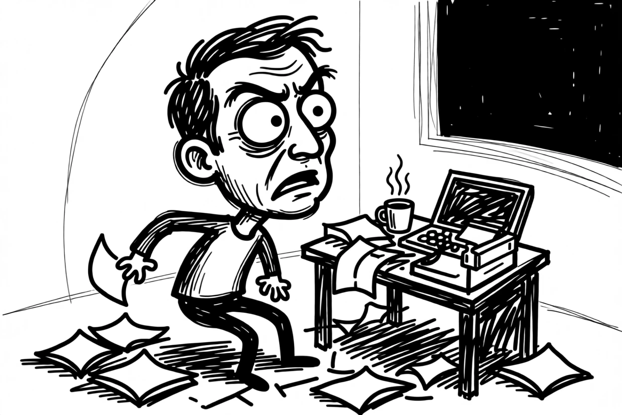 A novelist surrounded by crumpled paper, typing furiously at a cluttered desk late at night.