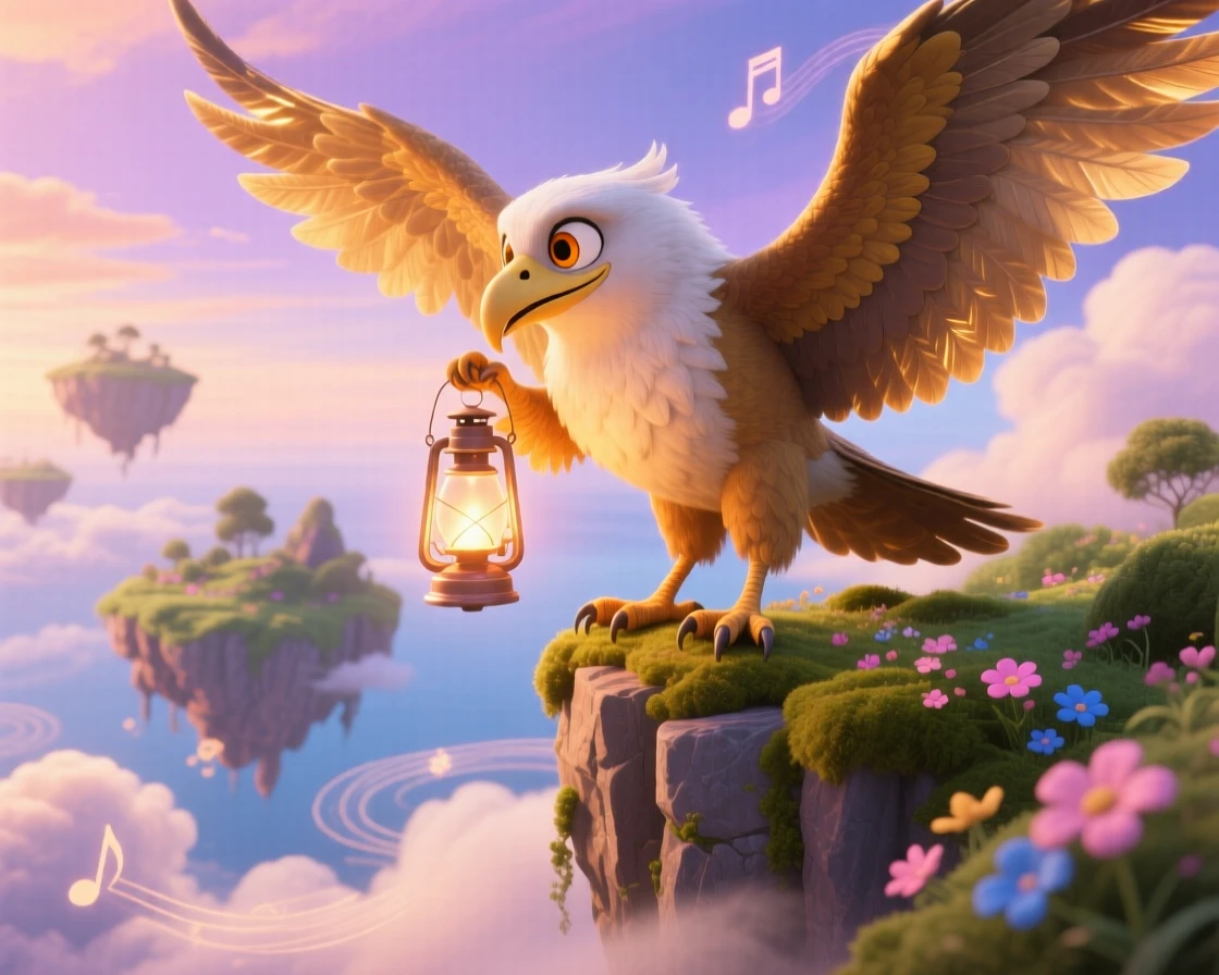 A griffin perched on a cliff stands atop a floating island surrounded by clouds, lighting a lantern that hovers in the air. The atmosphere feels mystical yet warmly inviting, with faint music seeming to drift on the breeze.