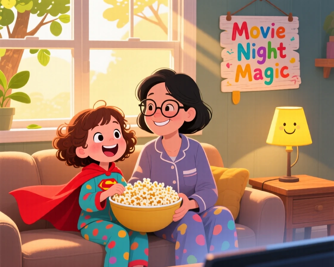A little girl in a superhero cape laughs while sharing a big bowl of popcorn during movie night together with her favorite aunt, as golden afternoon light streams through the window.