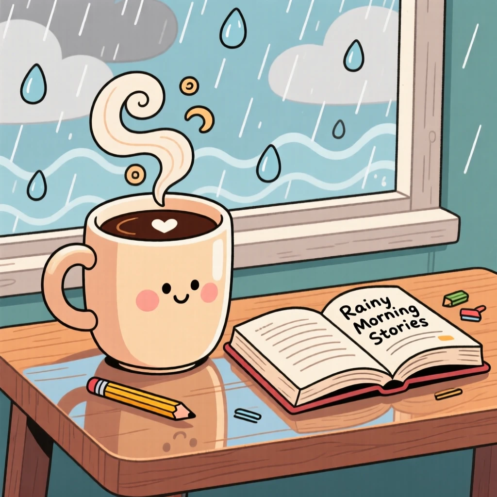 A steaming mug of coffee beside an open book on a rainy morning.