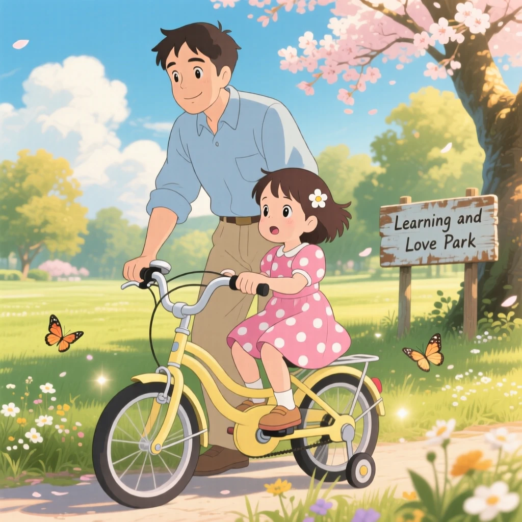 A father teaching his daughter to ride a bicycle, the scene full of gentle love.
