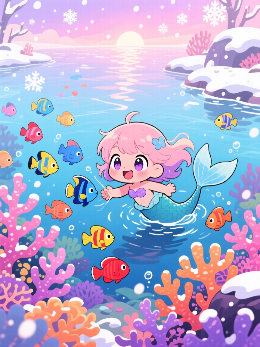 A mermaid child playing tag with a school of colorful fish, framed as a bird's-eye view within a vibrant coral reef, during a cozy winter snowfall, glowing under soft pastel light of dawn, evoking curious excitement.