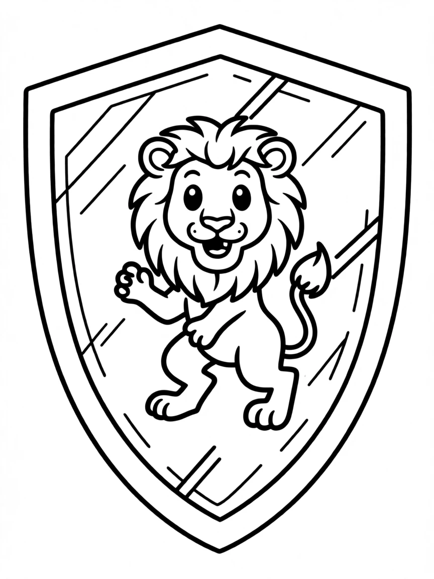 A knight's shield decorated with a friendly lion crest