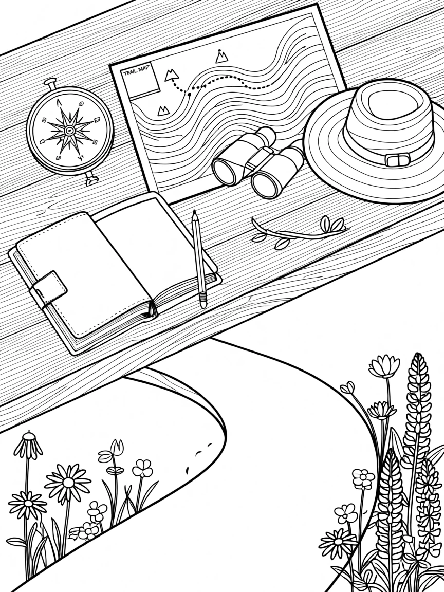 A compass and map spread across a wooden table at a campsite, with wildflowers scattered along the trail.