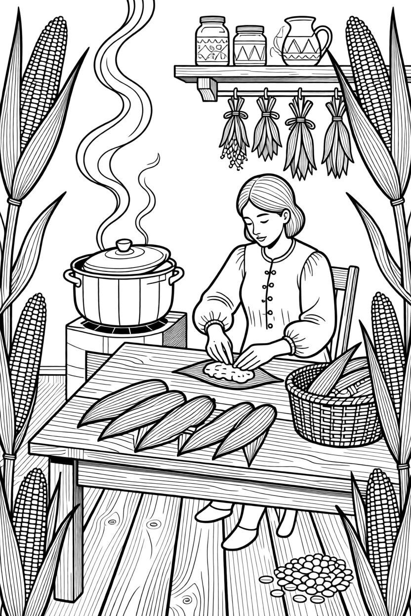 A rustic tamale-wrapping scene with corn husks and steaming pots.