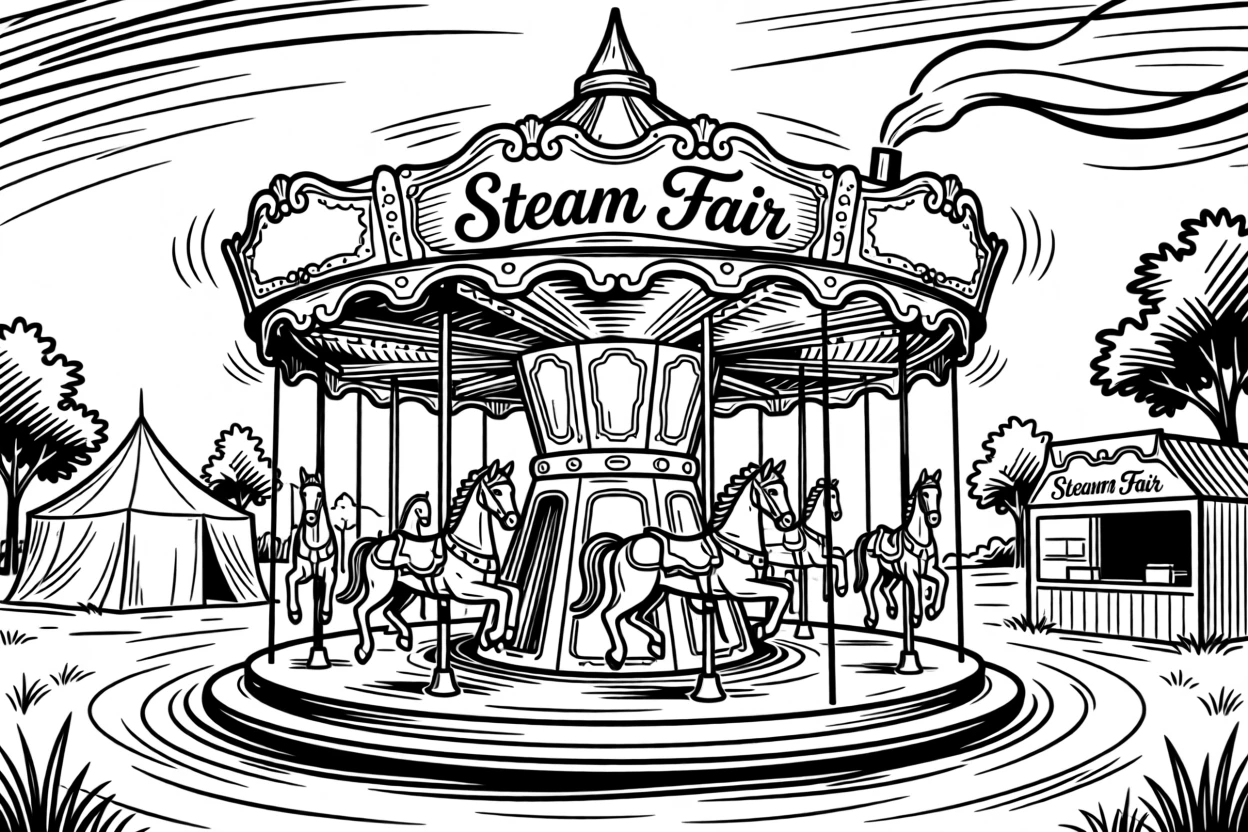 A vintage steam-powered carousel spinning at a countryside fair.