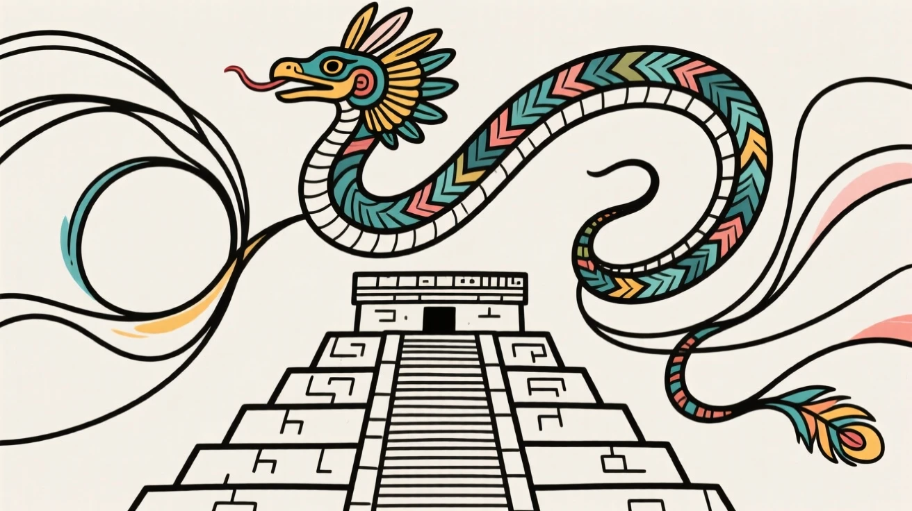 Quetzalcoatl the feathered serpent coiling above an ancient temple.