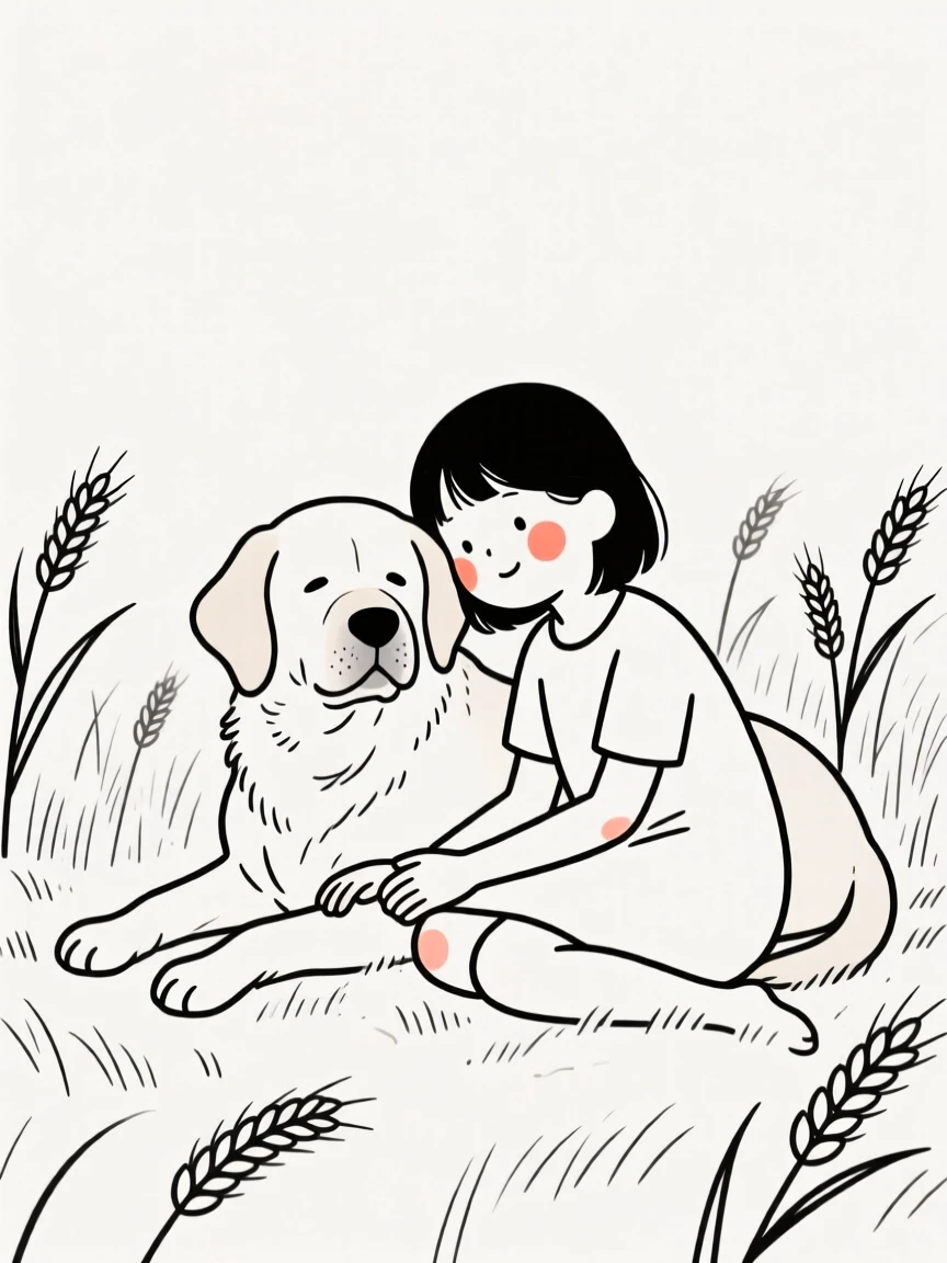 A young girl with a gentle old labrador, resting in calm stillness, in a wheat field at harvest.