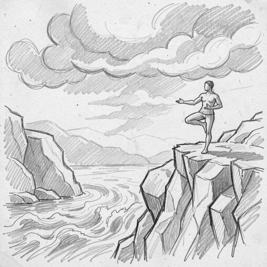 A yoga practitioner holding a pose on a cliffside, beside a rushing river, with dramatic clouds rolling in overhead.