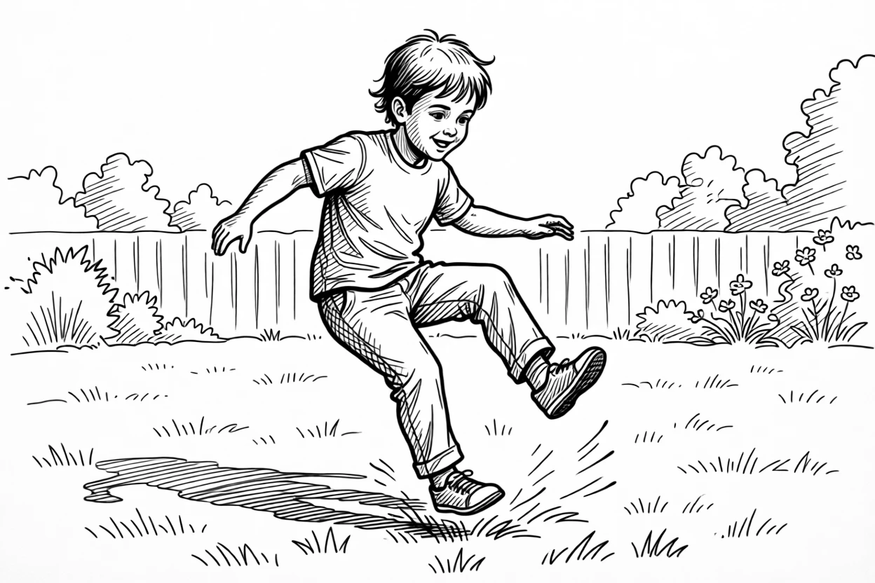 A child practicing cartwheels on a sunny backyard lawn.