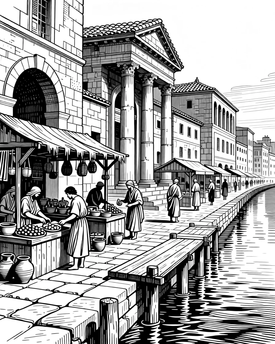 An ancient roman marketplace bustling with traders beside a river that has flowed for generations, with the rich texture of aged stone and wood, portrayed in a deeply rooted in tradition historical scene.