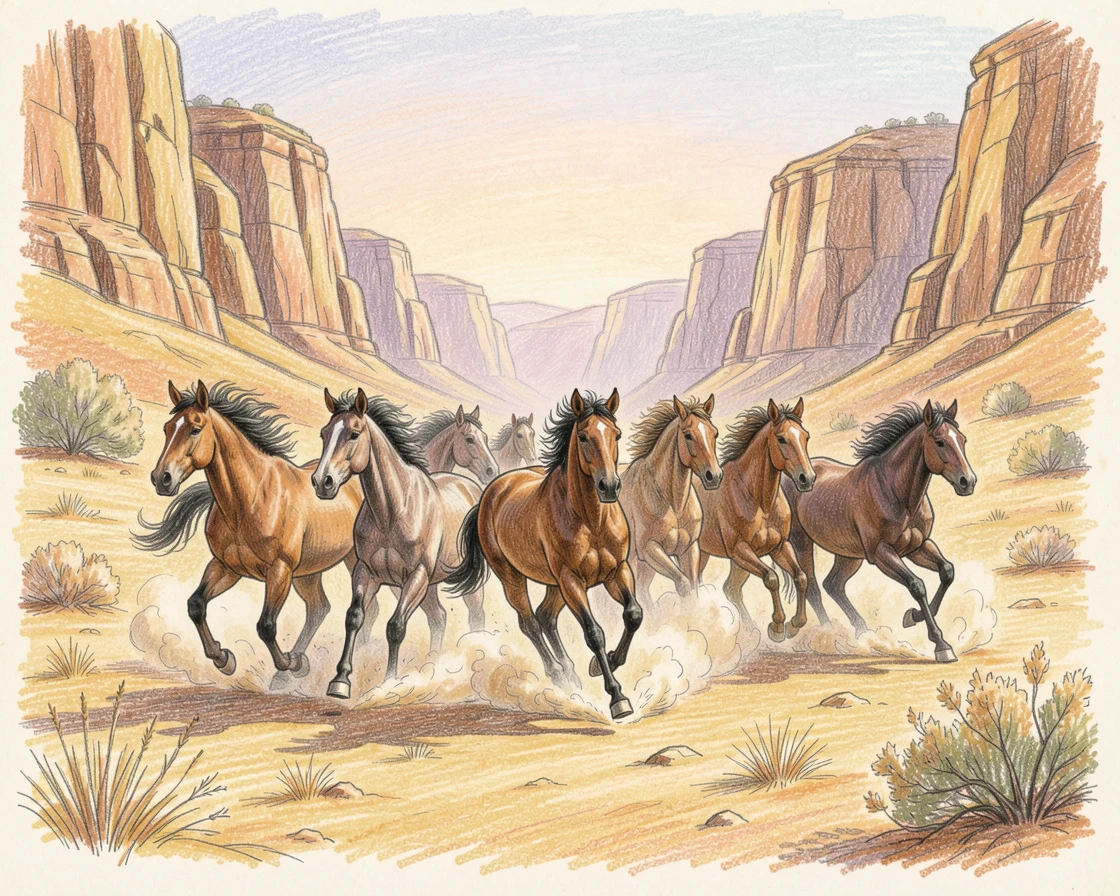 A herd of wild mustangs galloping through a golden desert canyon, set against a softly lit, atmospheric backdrop, full of charm, emotion, and visual delight.