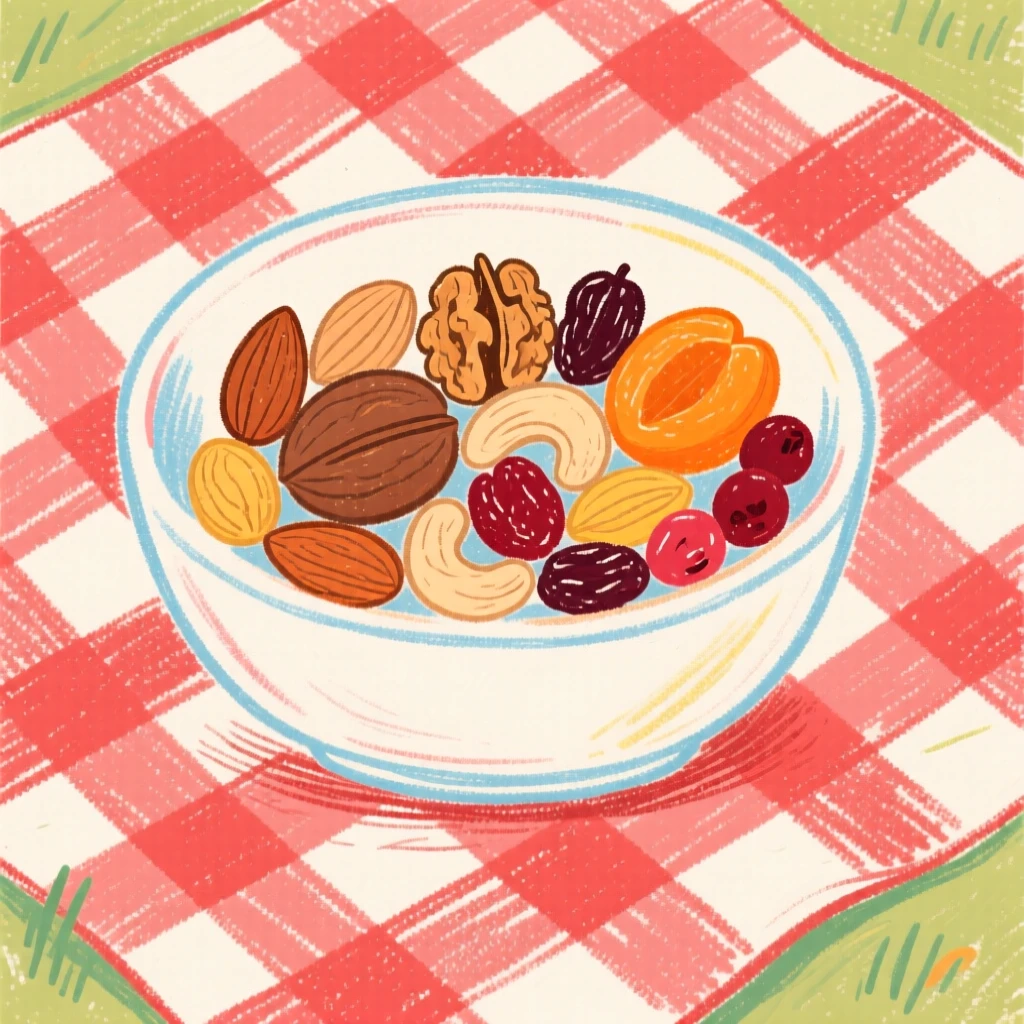 A bowl of mixed nuts and dried fruit resting on a checkered picnic blanket.