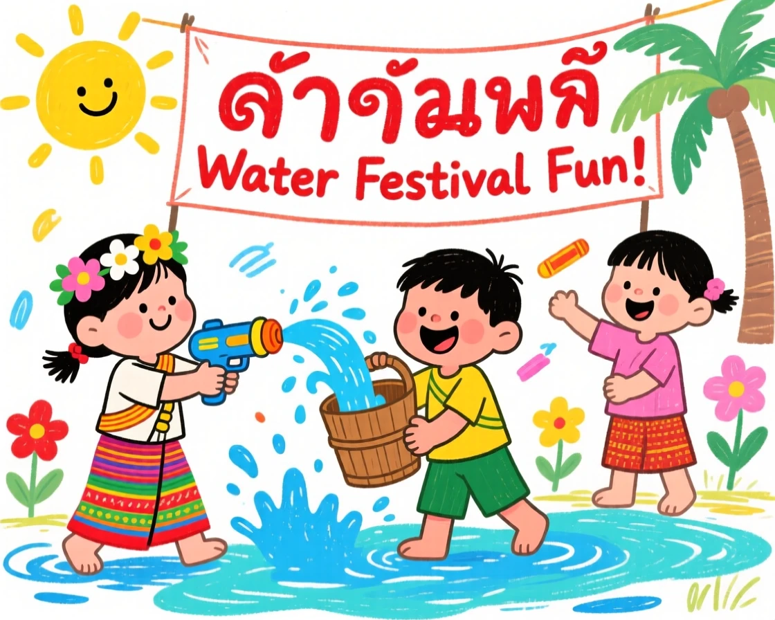 Children playing traditional games at a Thai water festival.