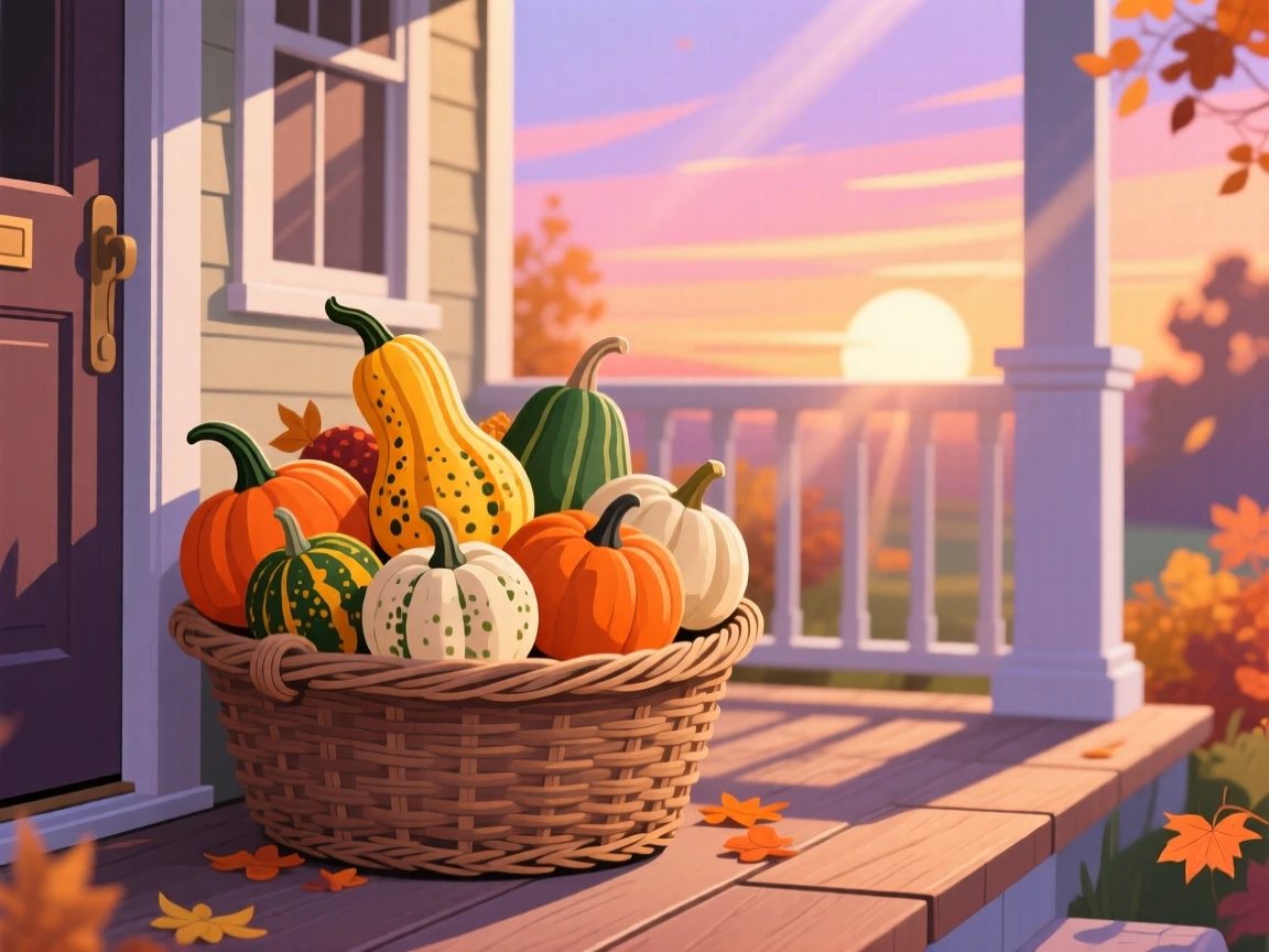 A basket of colorful autumn gourds decorating a front porch, set against a soft glowing seasonal sunset, framed with natural light suited to the time of year, with a fresh, crisp atmosphere throughout.