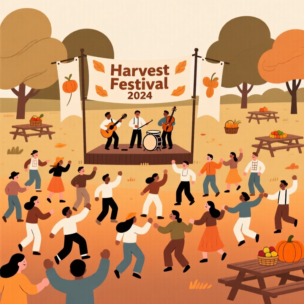 A harvest celebration with dancing crowds filling a community park.