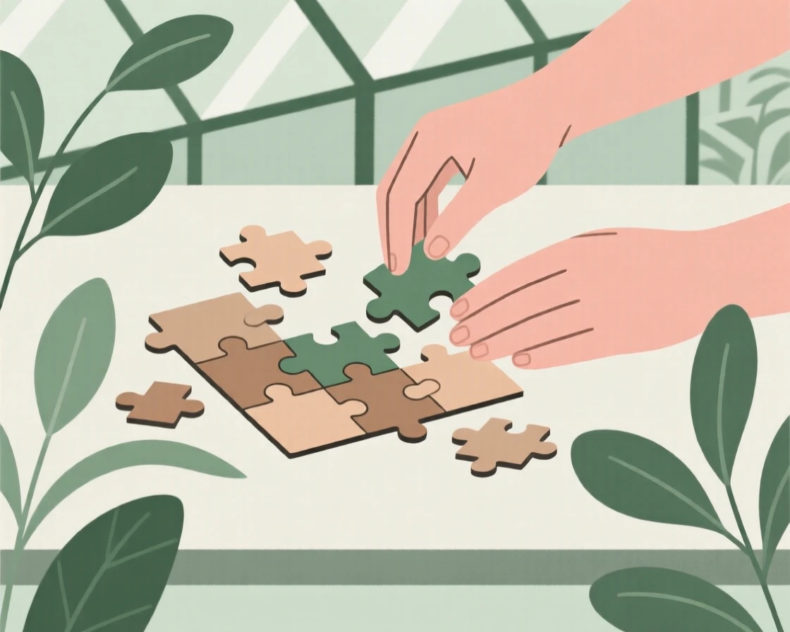A close view of hands assembling a jigsaw puzzle near a half-finished puzzle in a garden greenhouse, full of peaceful absorption.