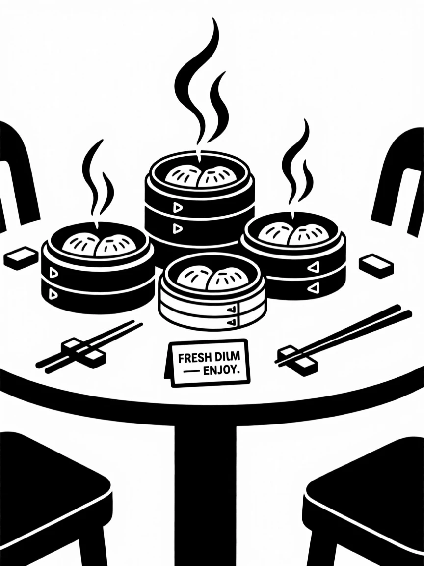 A table of dim sum baskets steaming in a restaurant.