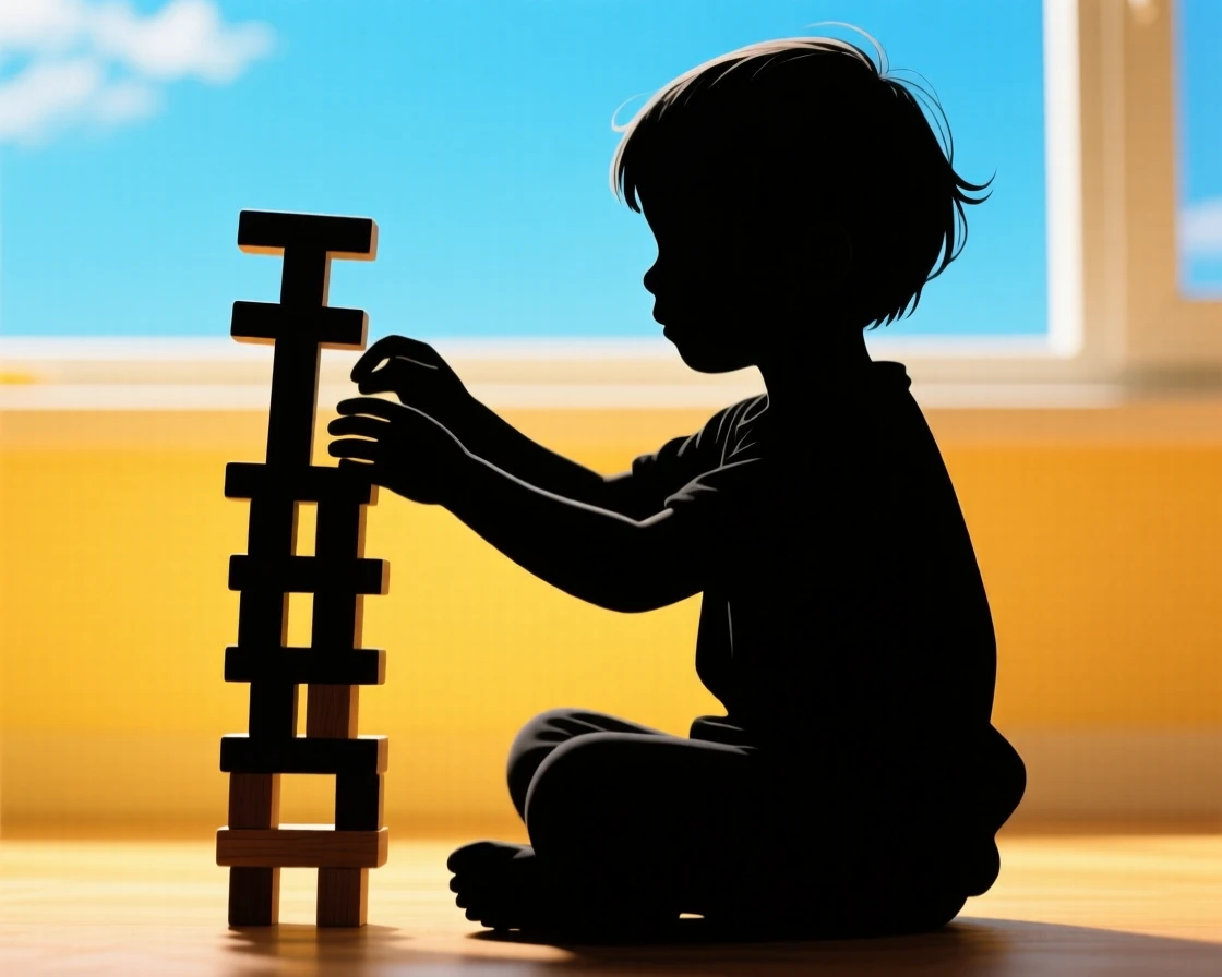 A young child stacking wooden blocks into a tall, wobbling tower.
