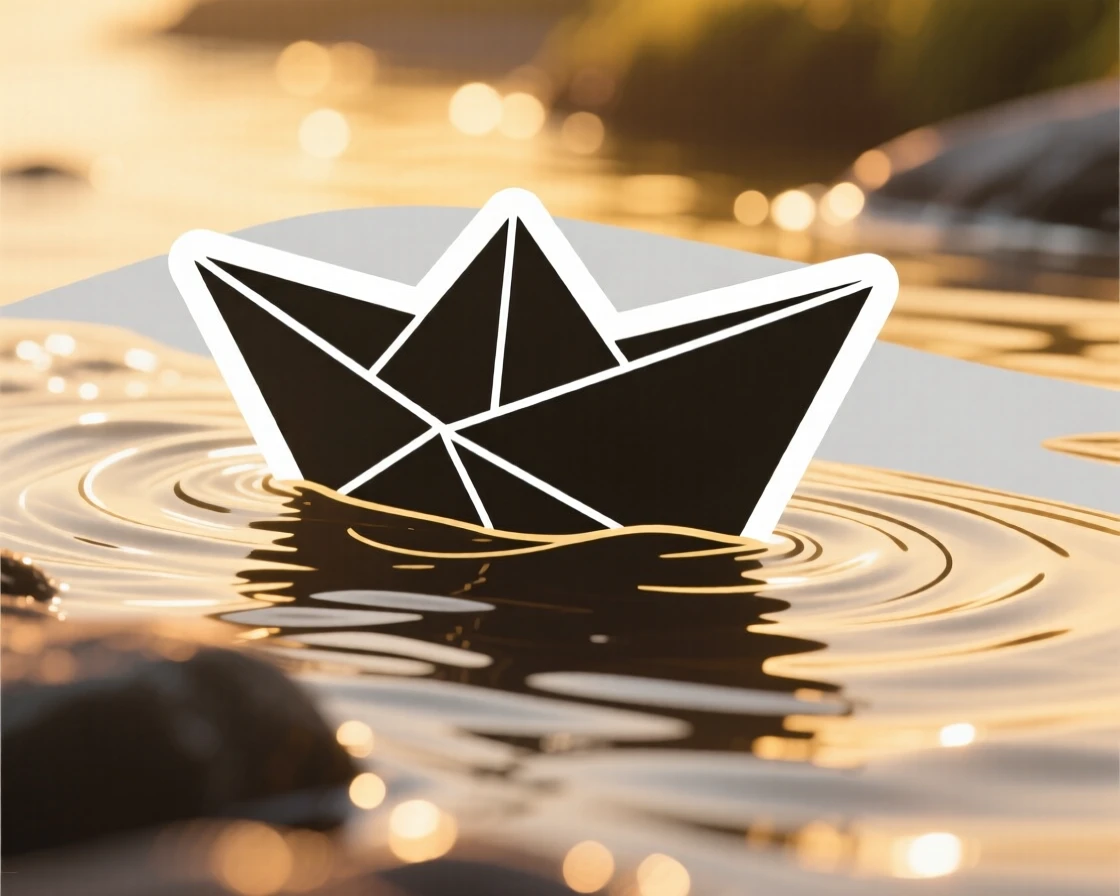 A hopeful and bright scene of a paper boat sailing bravely down a stream, bathed in warm golden light, symbolizing quiet strength and resilience.