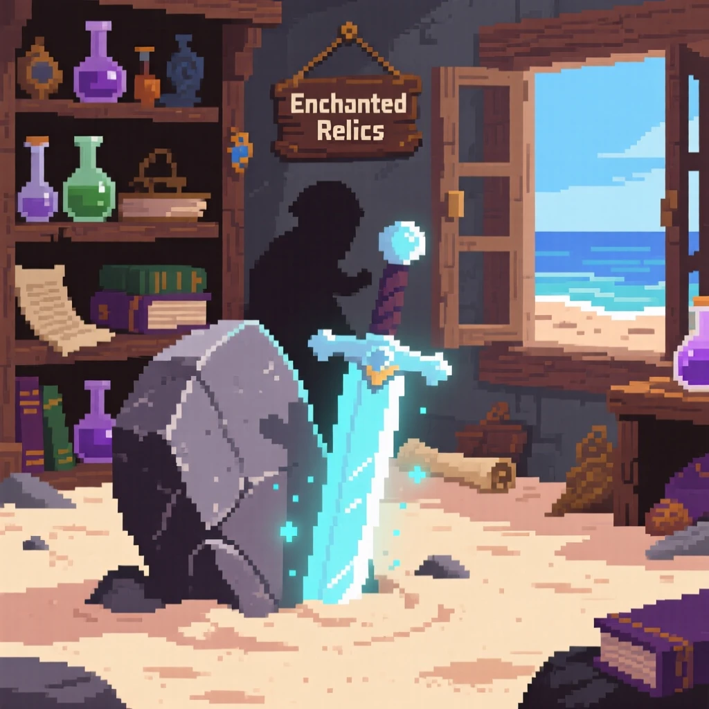 An enchanted sword stuck in stone half-buried in sand on a forgotten beach, inside a wizard's cluttered study.