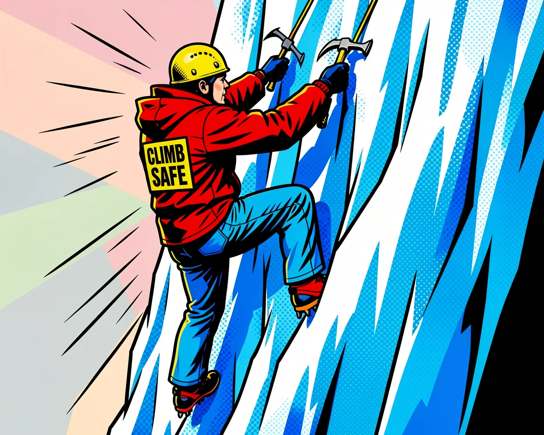 An ice climber scaling a frozen waterfall