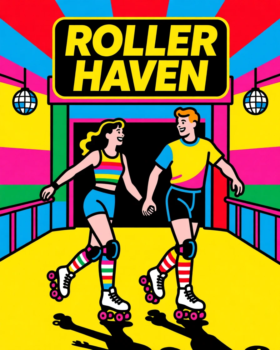 Retro roller rink couple skating hand in hand