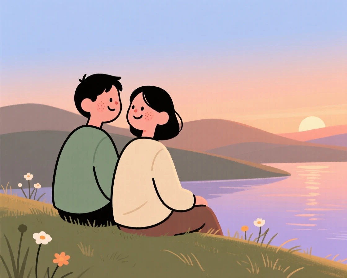 A couple shares a quiet moment on a hillside overlook at dusk, exchanging a warm smile as the last light fades over the water surrounds them.