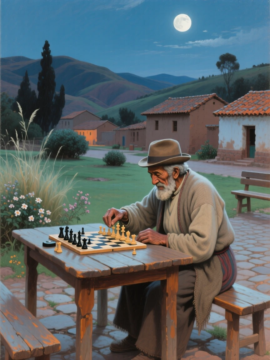 A balanced composition of an old man playing chess alone in a quiet park, in a Peruvian Andean village, under a full moon.