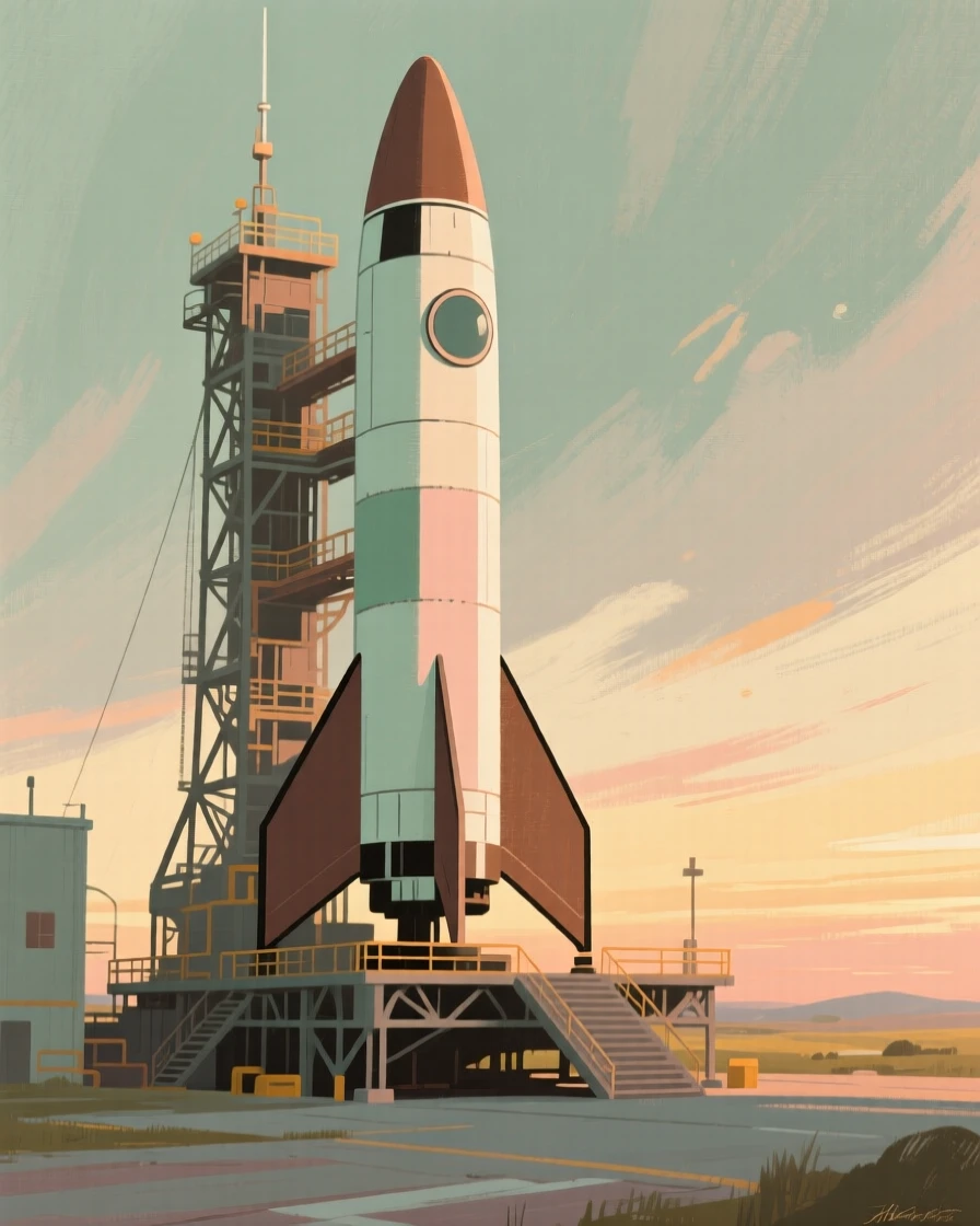 A vintage-style rocket resting on a launch pad at twilight