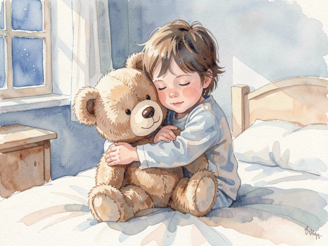 A child hugging a large stuffed teddy bear at bedtime.