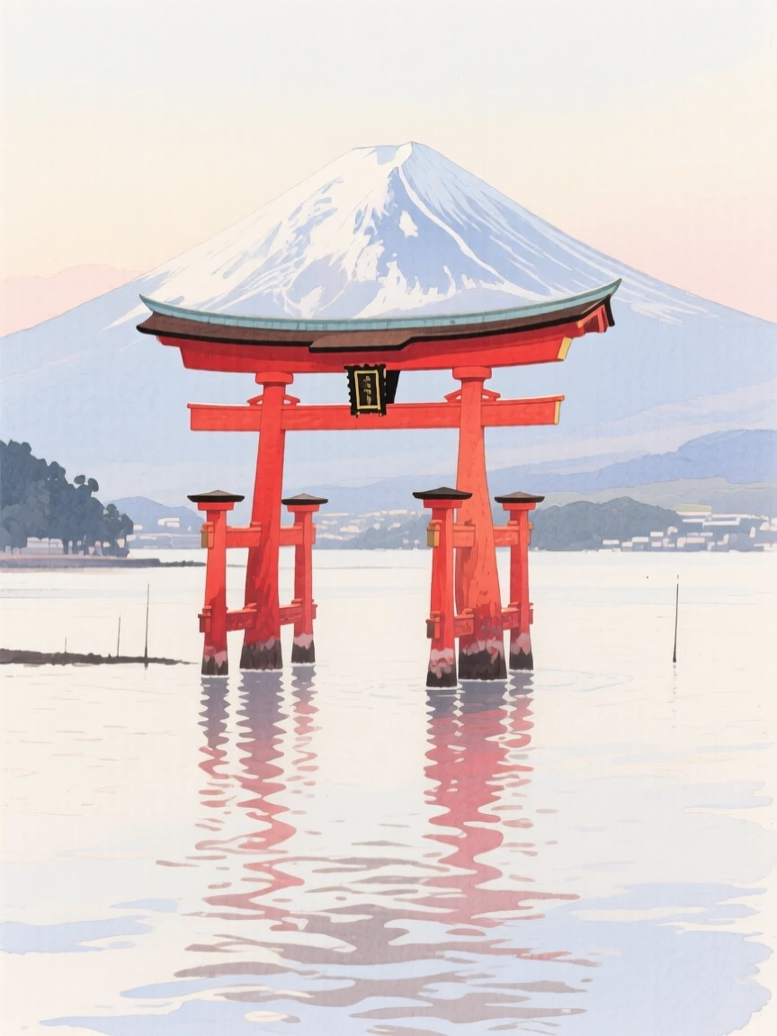 A red torii gate stands in shallow water at Miyajima with Mount Fuji faintly visible in the distance