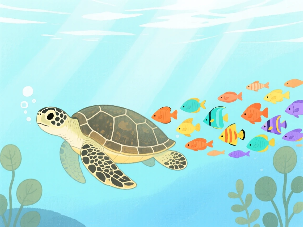 A sea turtle swimming beside a school of colorful fish, captured in a moment of quiet wonder.