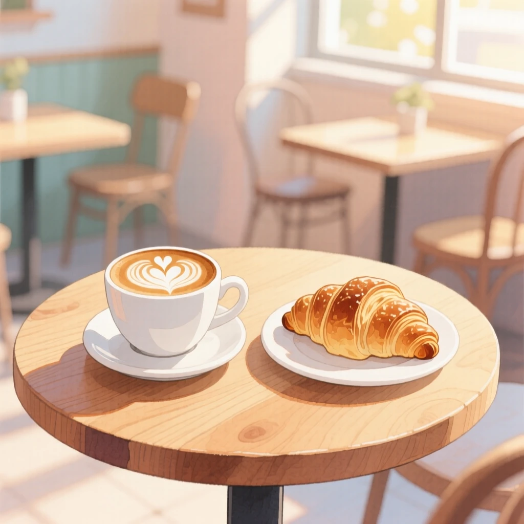 A cozy café table with a latte topped with delicate foam art beside a croissant, capturing a cherished family tradition.