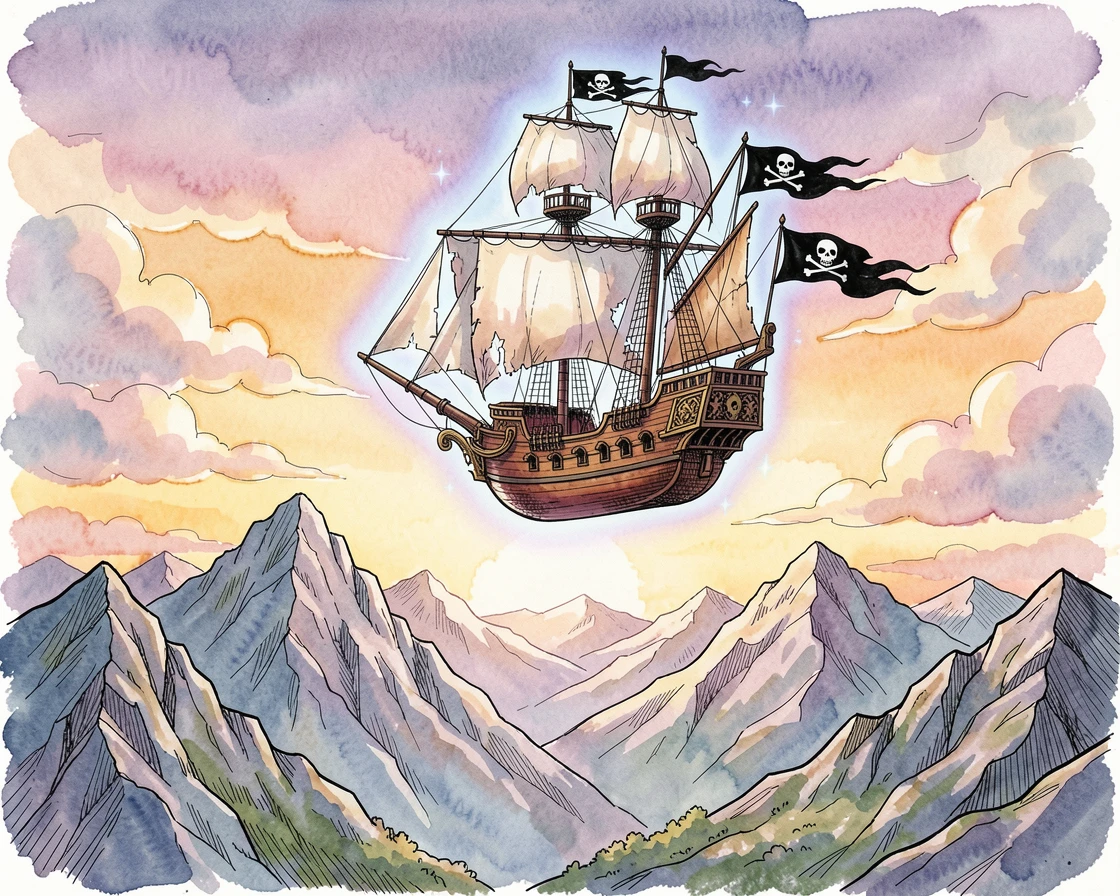 A sky pirate airship drifting above a mountain range at sunset, a soft magical glow illuminating the entire scene.