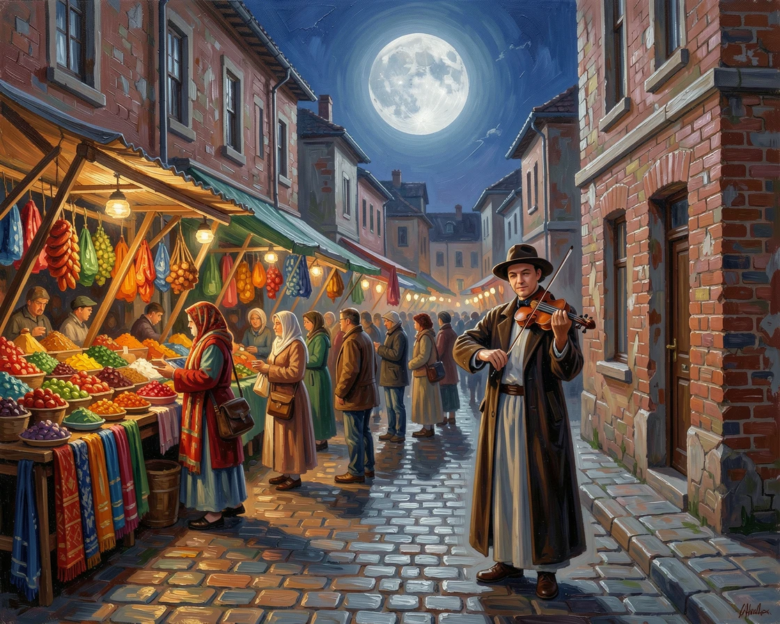 Within a bustling, colorful marketplace, a musician playing violin on a quiet street corner, a quiet moment of reflection, under the gentle light of a full moon.