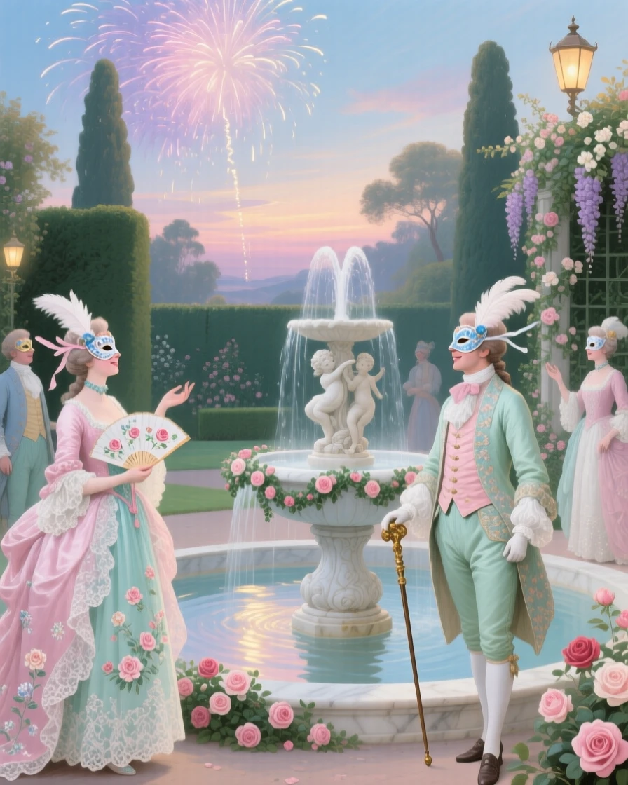 A summer masquerade beside a fountain with fireworks beginning overhead  