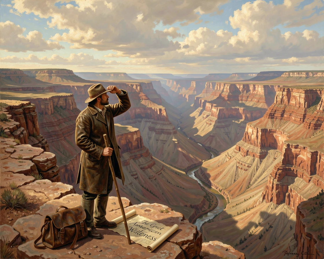 A canyon carved deep by centuries of wind and water, with a solitary traveler pausing to take in the view.