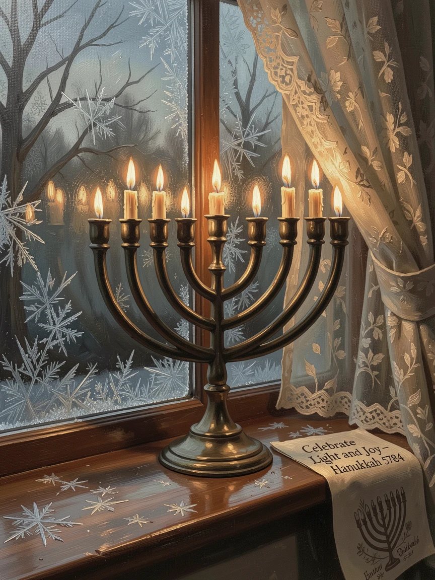 A Hanukkah menorah glowing softly in a frost-covered window, as the whole scene radiates warmth and togetherness, offering a joyful, memorable seasonal scene for any collection