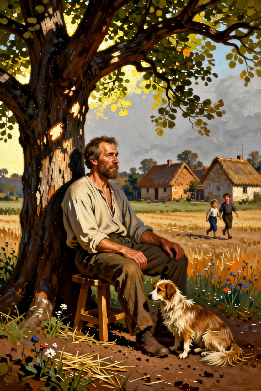 A farmer resting beneath a tree after a long day in the fields in a scene both modest and deeply human, set within a sunlit rural village at the start of a new day, with children's laughter and a stray dog weaving underfoot; warm natural light elevates a humble scene into something timeless, evoking dignity, warmth, and the quiet poetry of daily life.
