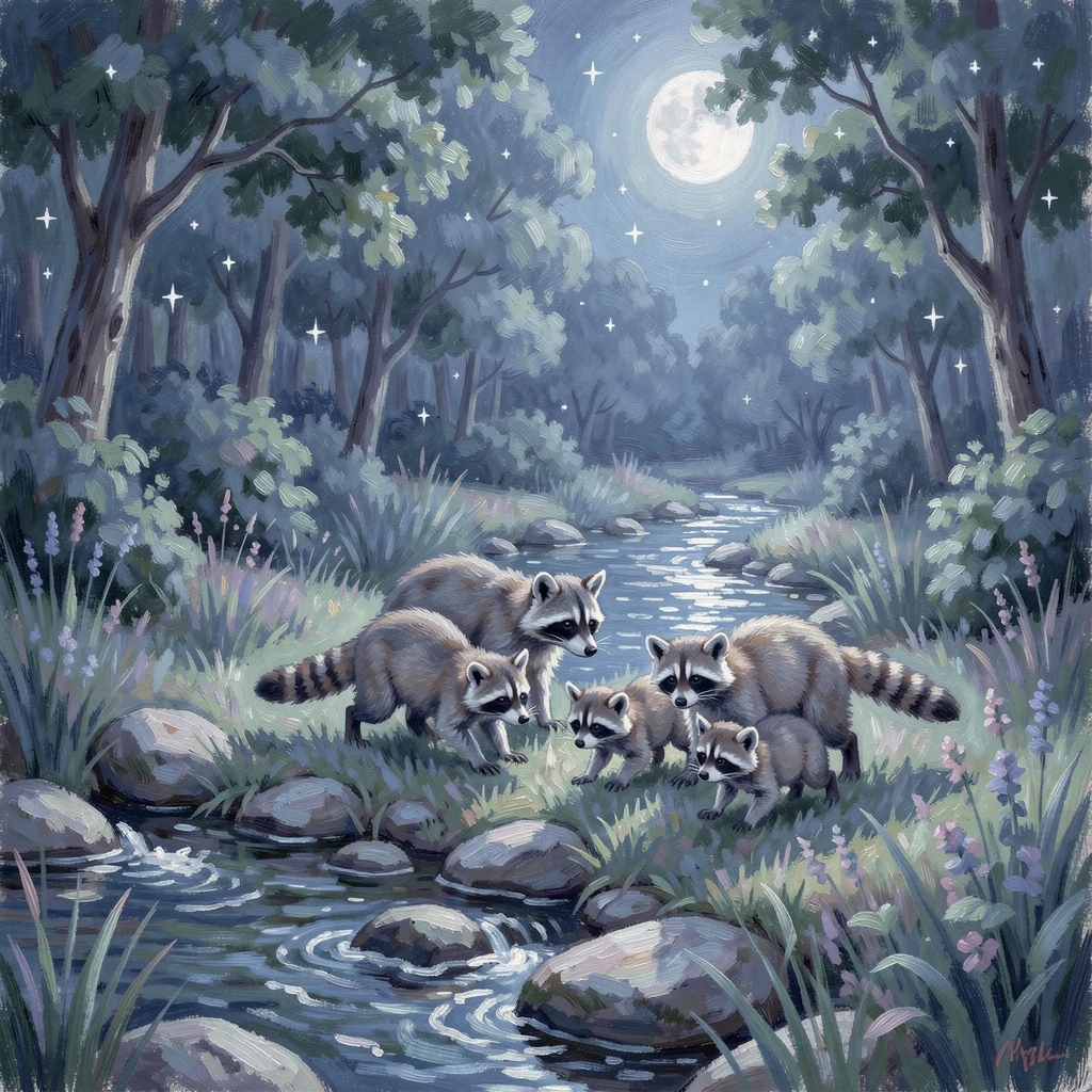 A raccoon family exploring a moonlit forest clearing beside a babbling brook, under a canopy of stars, evoking timeless charm and quiet elegance.