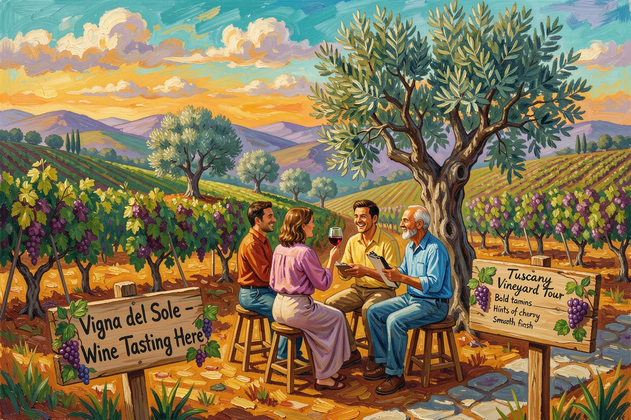 A hillside vineyard tour in Tuscany with visitors sampling wine beneath the shade of olive trees.